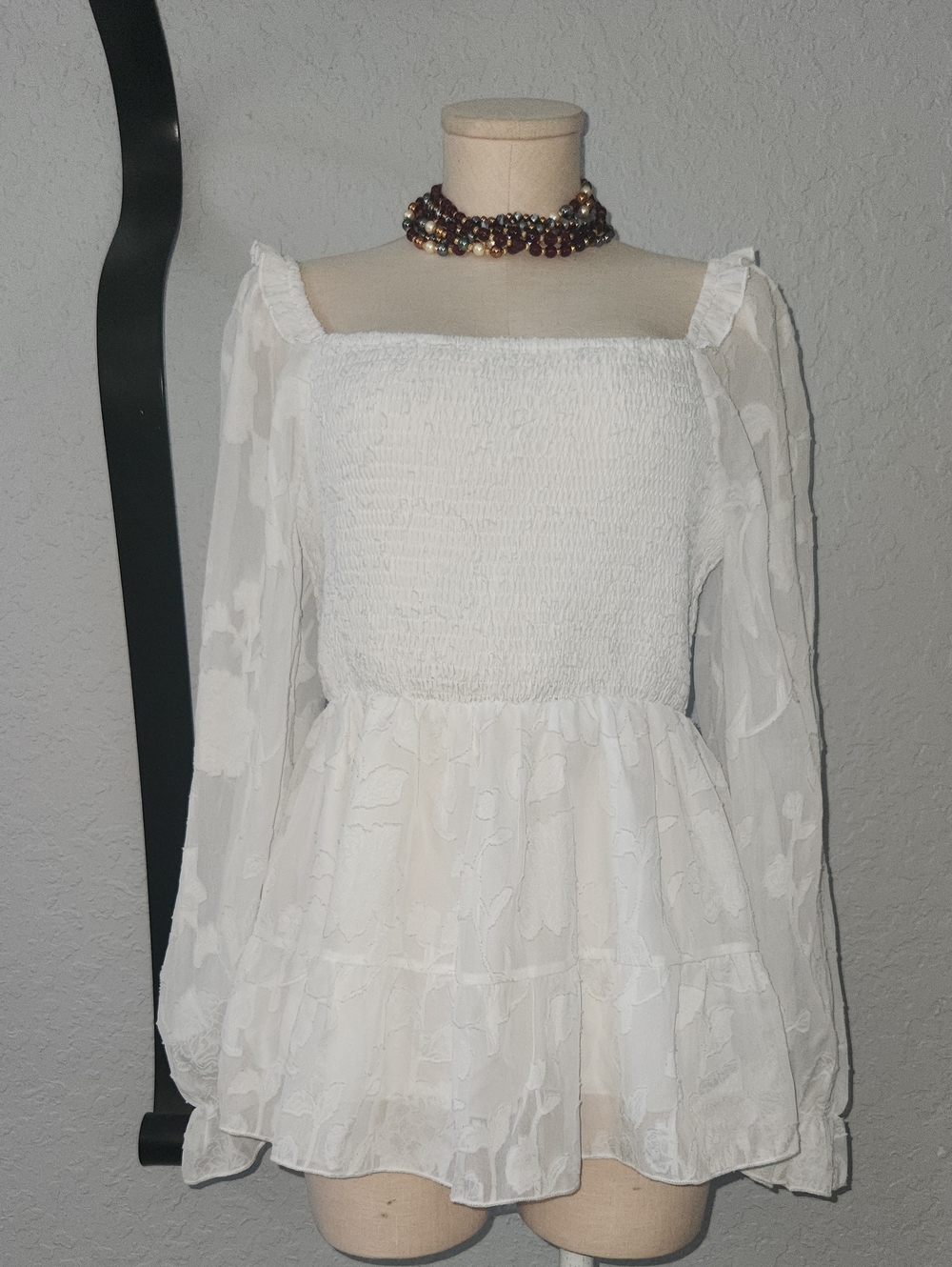 White Smocked Square-Neck Off Shoulder Blouse